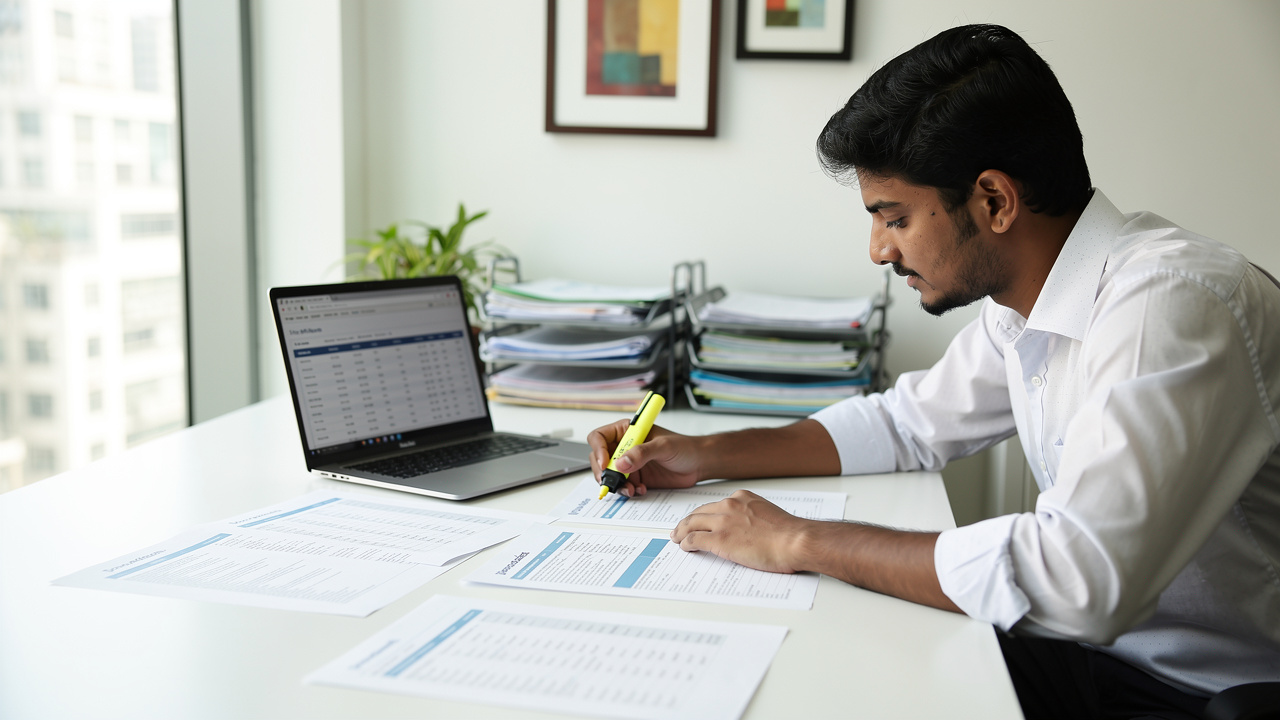 Professional carefully reviewing and analyzing trademark search results documents