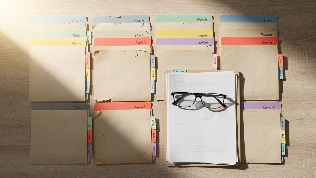 Color-coded filing folders representing trademark classification categories