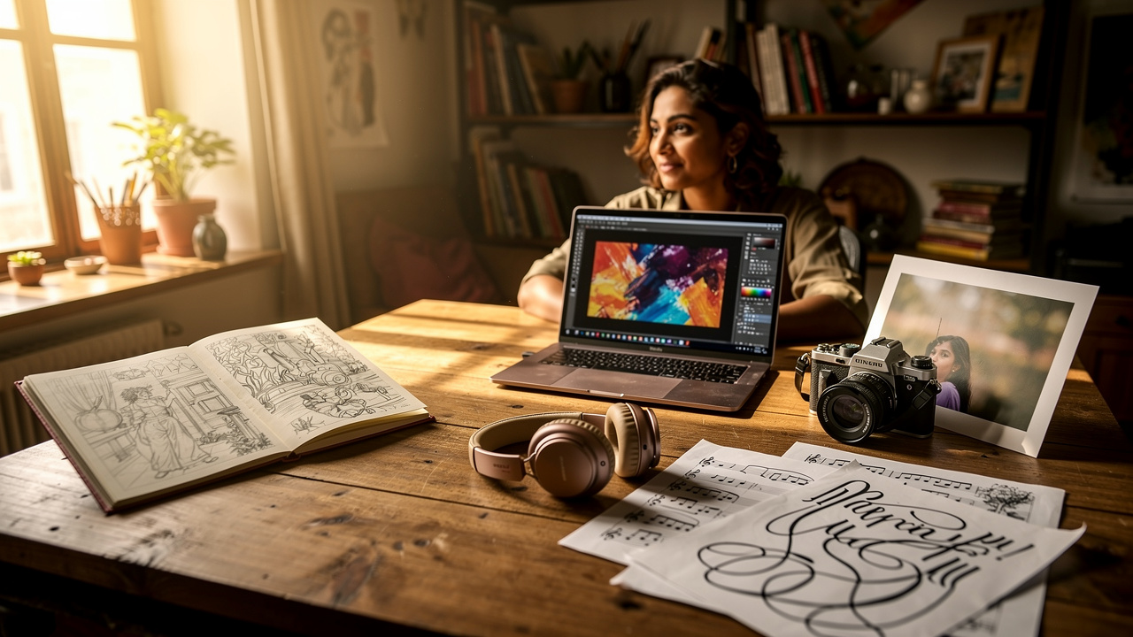 Creative professional surrounded by artistic works protected by copyright