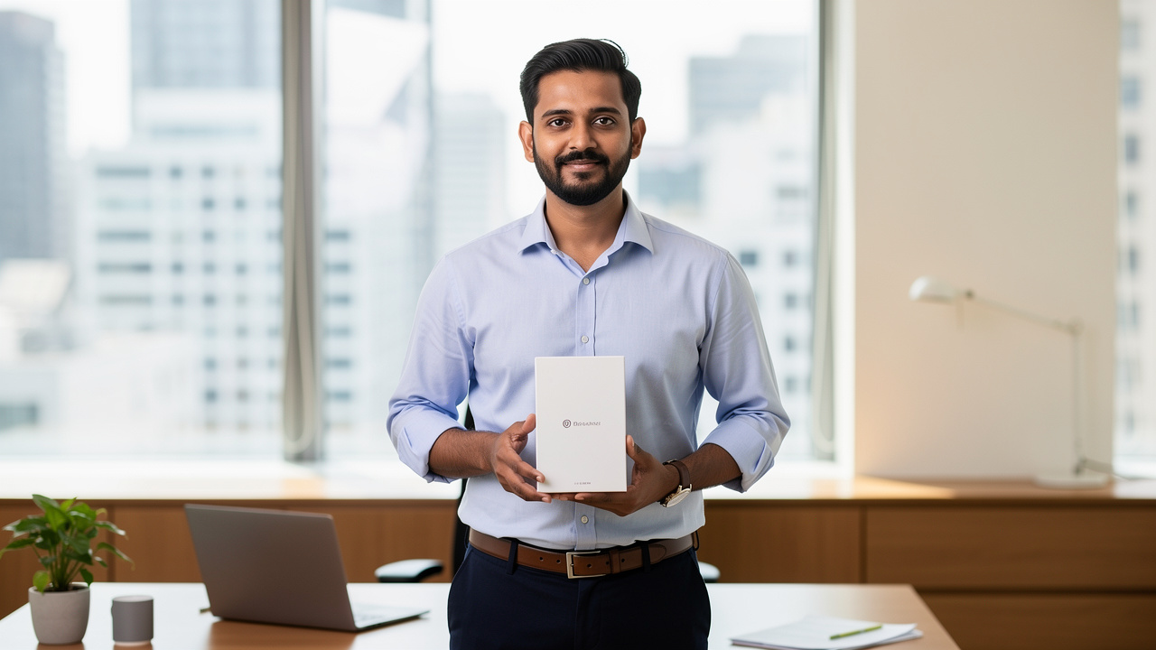 Confident Indian entrepreneur holding branded product in modern office