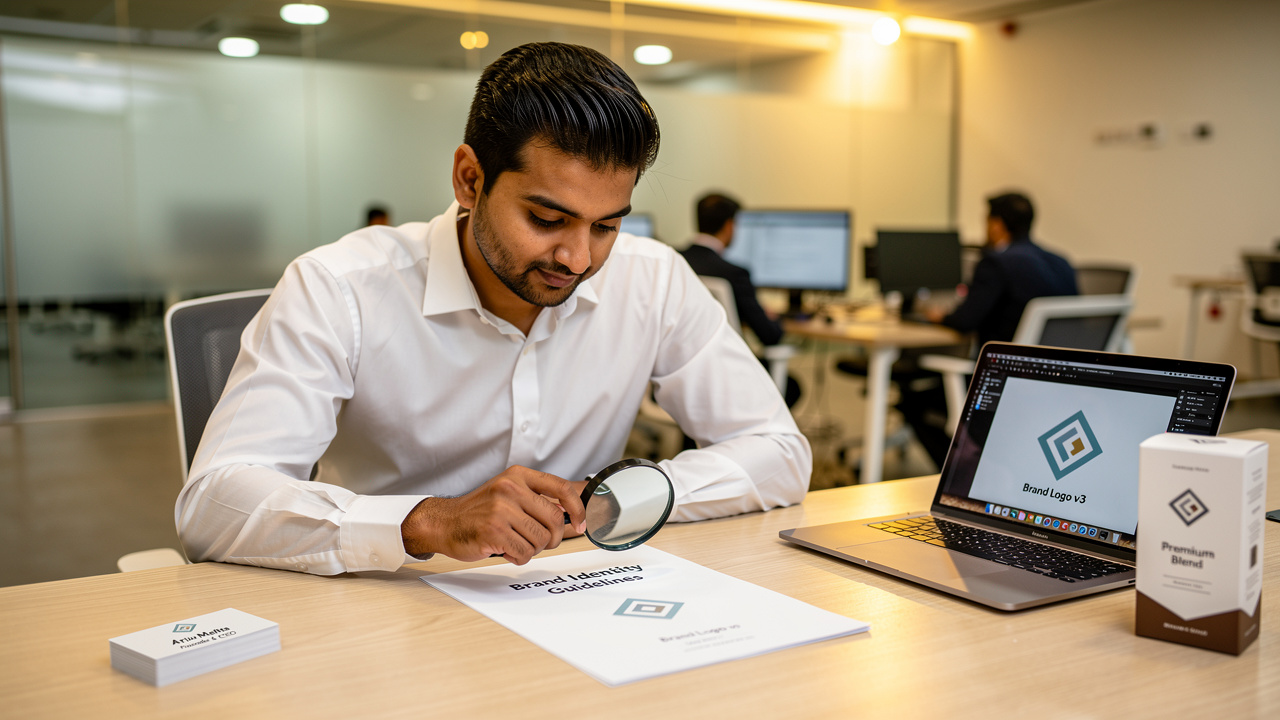 Indian entrepreneur reviewing brand trademark documents at office