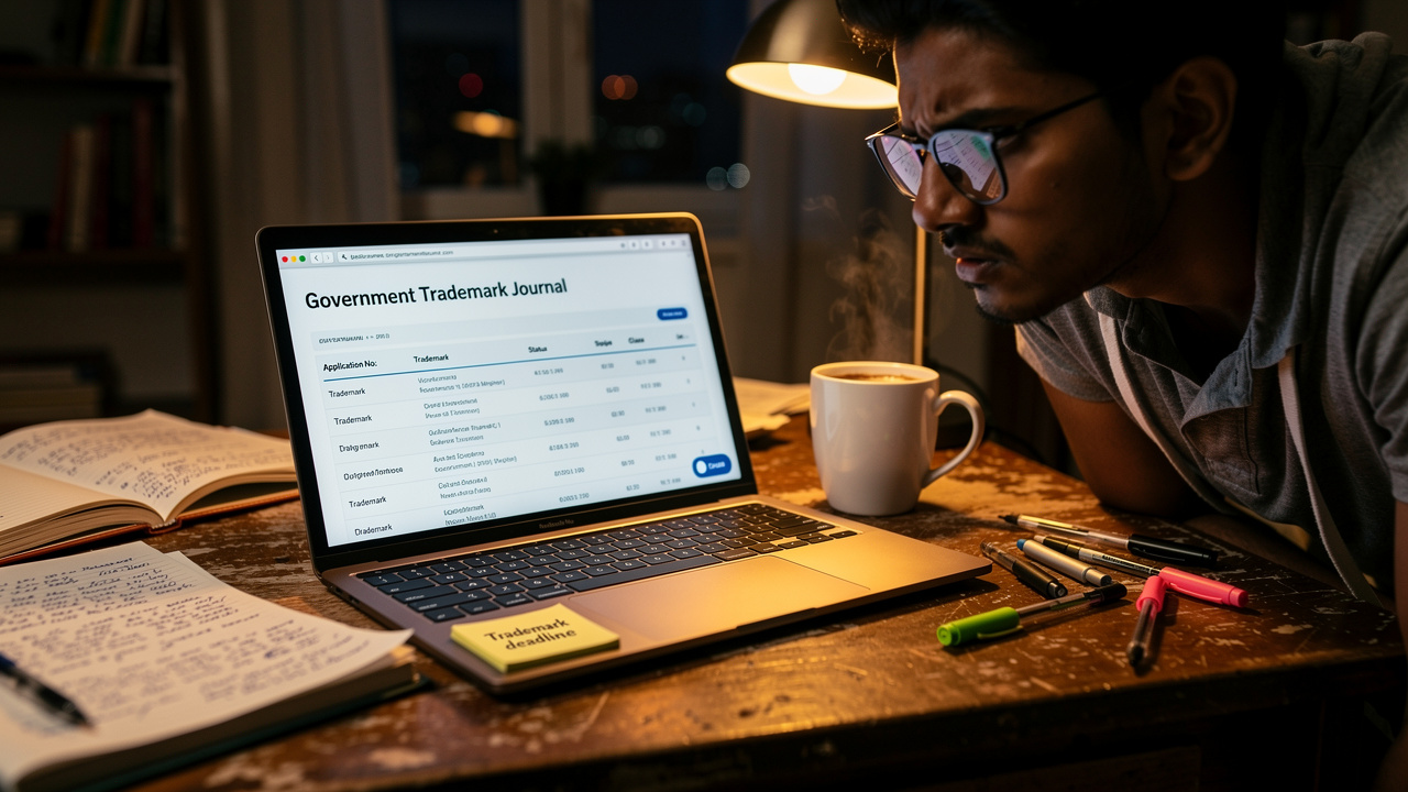 Young Indian entrepreneur checking trademarks journal for conflicting marks