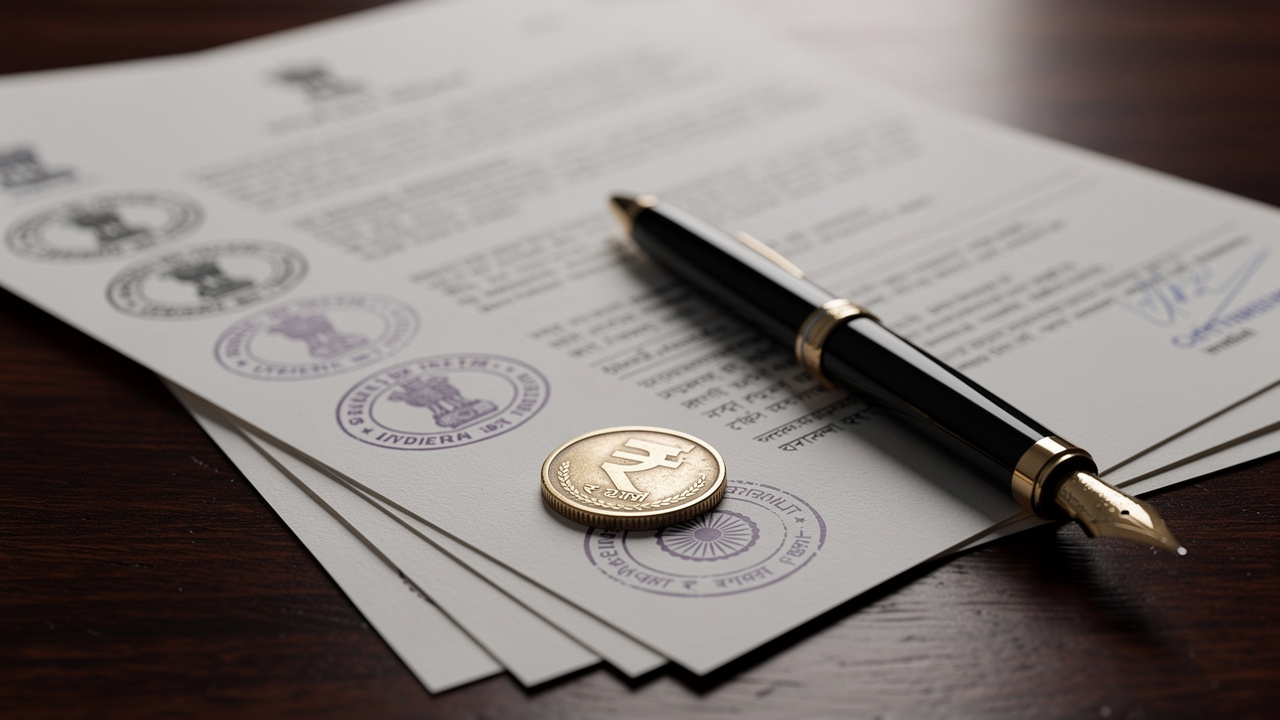 Government trademark filing fee documents with Indian rupee coins