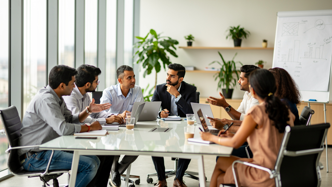 Indian startup founders discussing brand registration in modern office