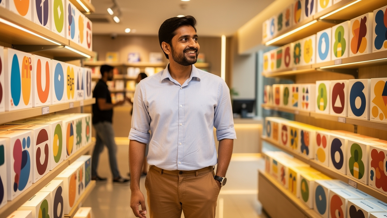 Indian entrepreneur proudly displaying trademarked brand products in store
