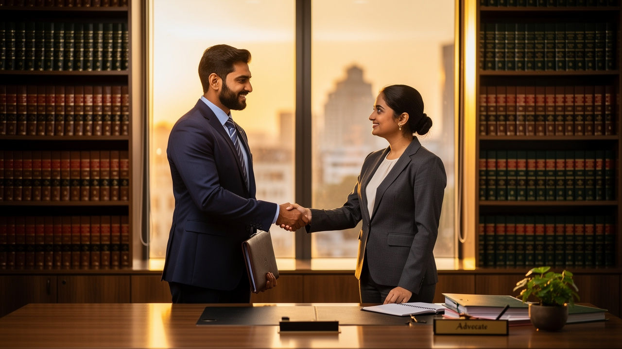 Indian legal professionals resolving domain name dispute with handshake