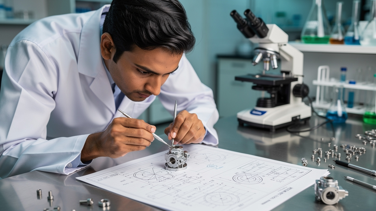 Indian engineer examining invention prototype in research laboratory