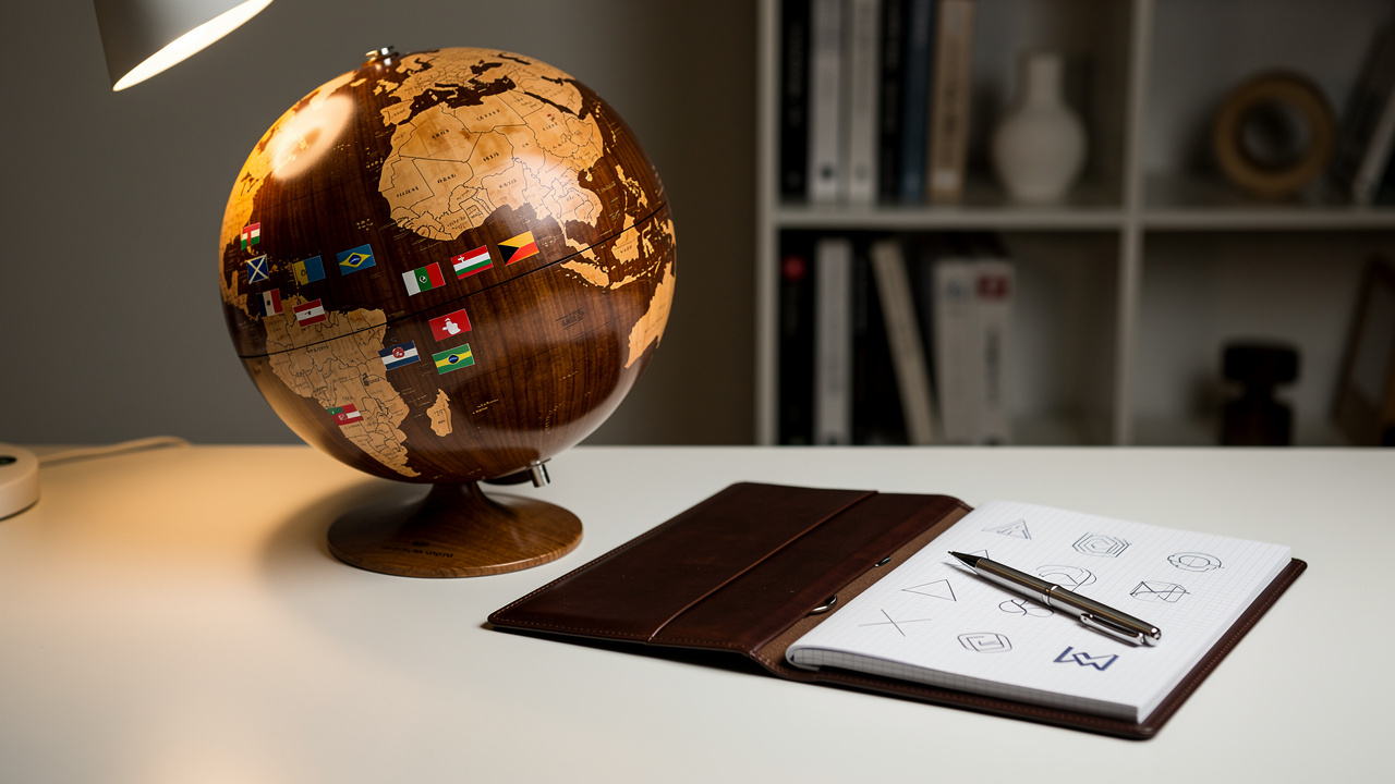 Globe and portfolio representing international trademark protection via Madrid Protocol