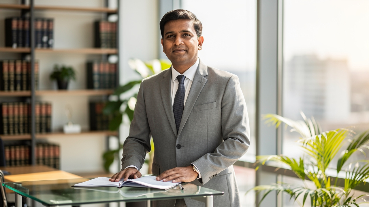 Registered trademark attorney standing confidently in legal office