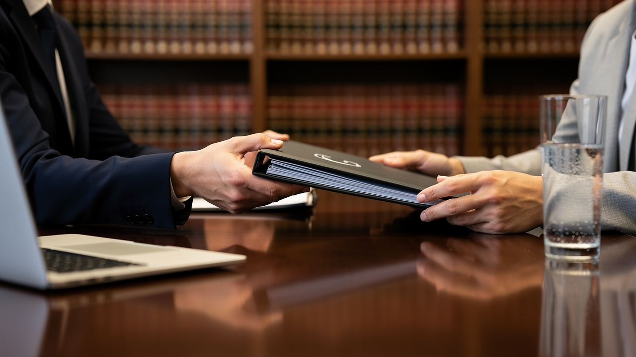 Business owner consulting trademark attorney across conference table