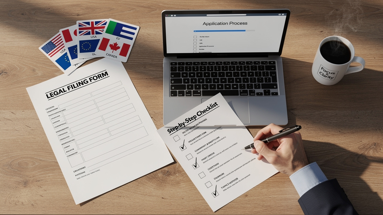 Organized workspace showing trademark filing checklist and international documents