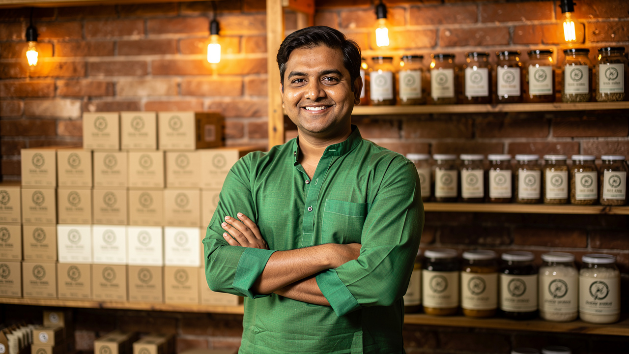 Confident Indian small business owner with branded products in shop