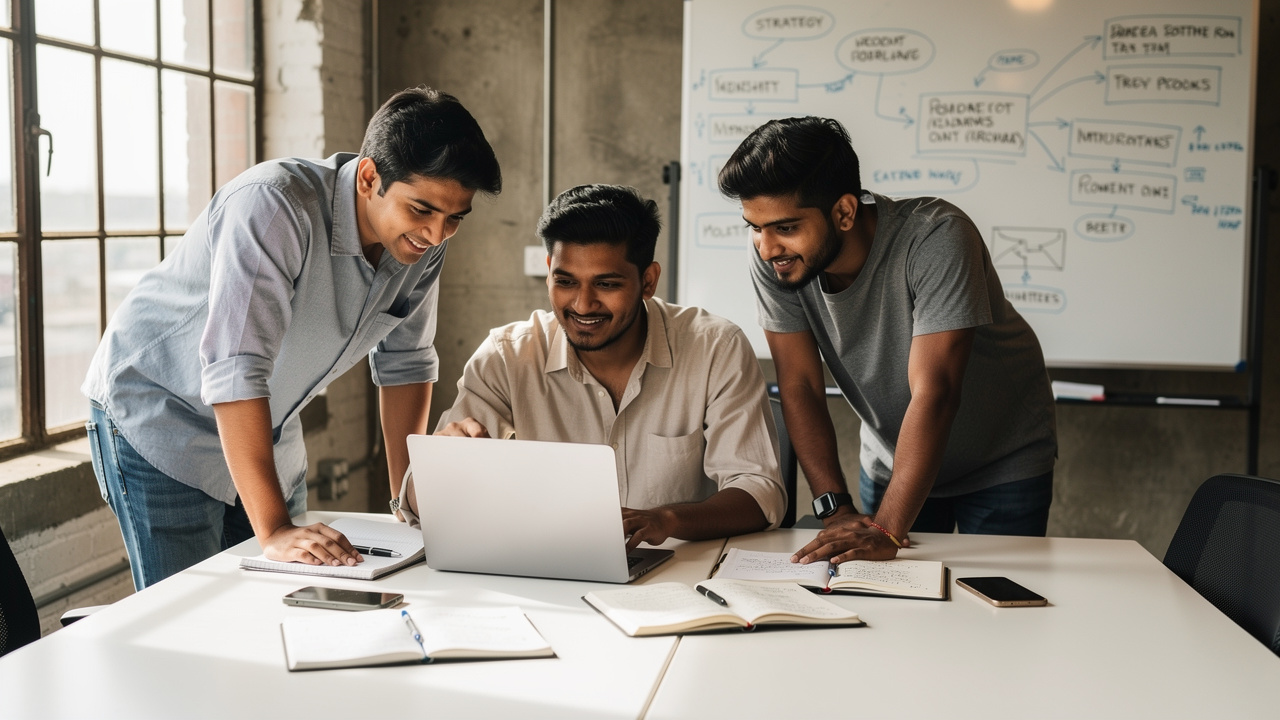 Young Indian startup founders planning trademark strategy in co-working space