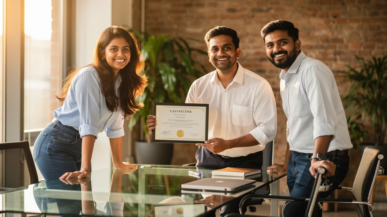 Indian startup team celebrating trademark registration certificate achievement