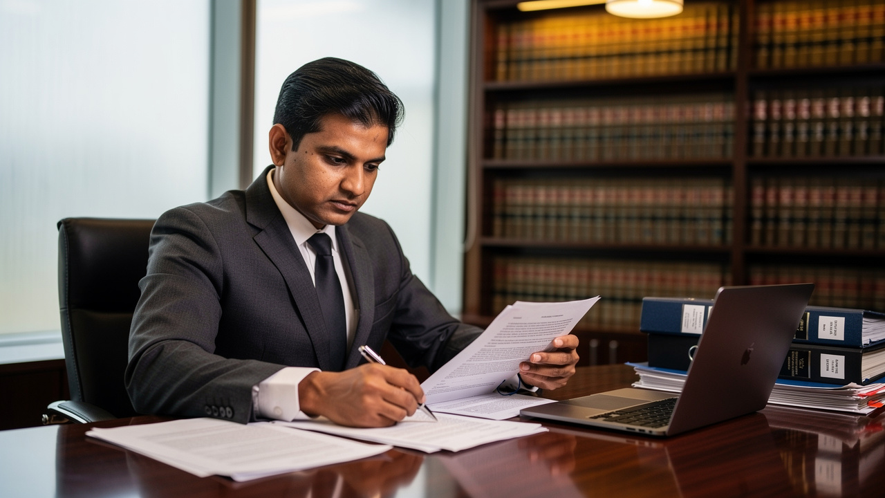 Indian trademark attorney reviewing application documents in law office