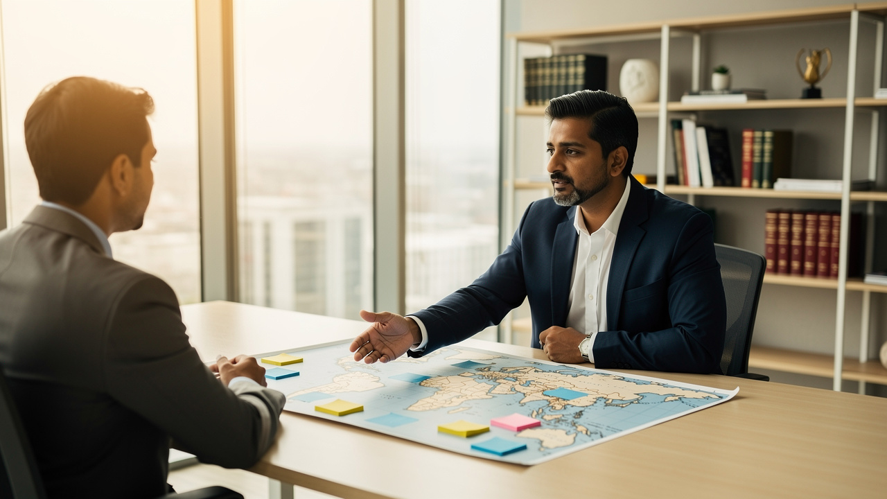 Trademark attorney consulting client on international brand protection strategy