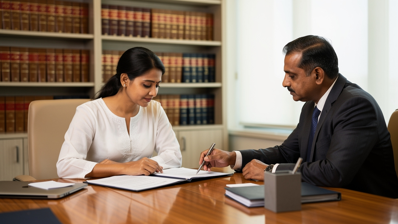 Indian businesswoman consulting trademark attorney about brand protection