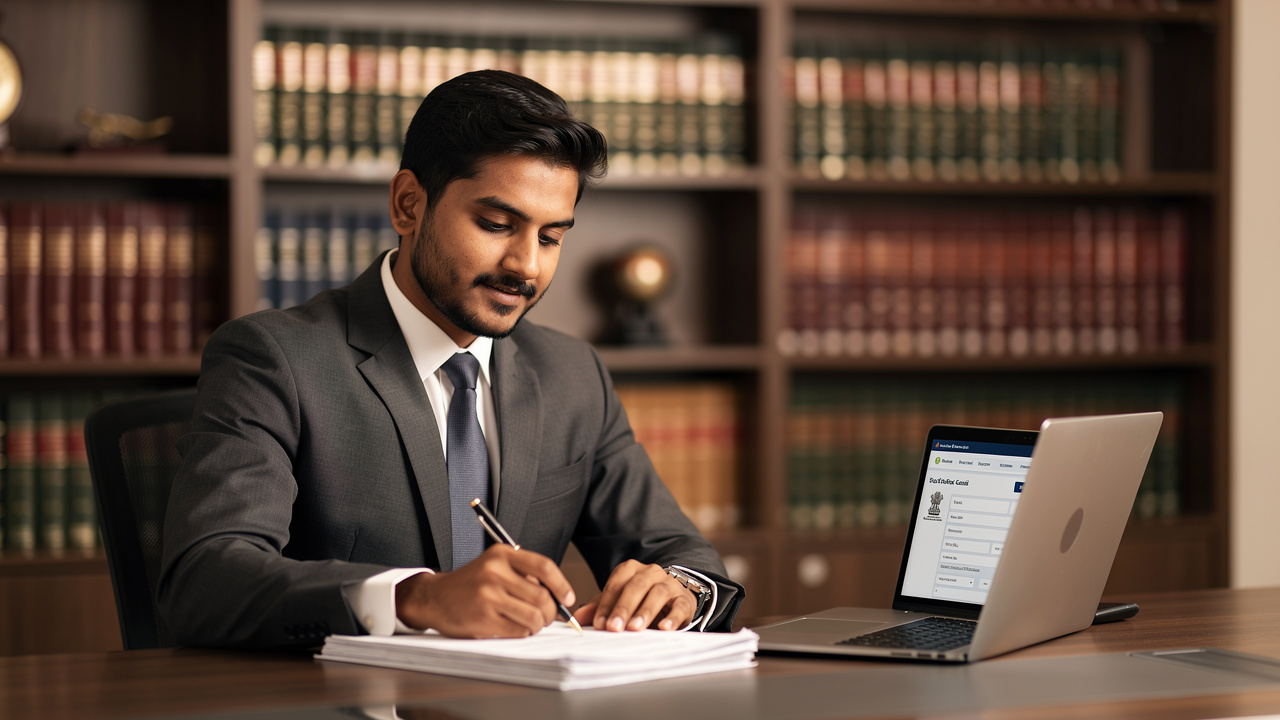 Indian trademark attorney reviewing renewal documents at office desk