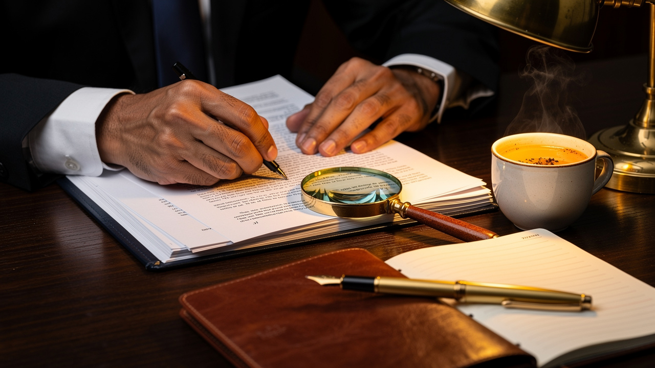 Trademark attorney carefully reviewing legal documents with magnifying glass