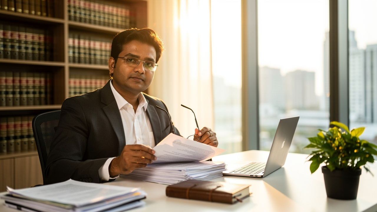 Indian trademark attorney reviewing legal reply documents at office