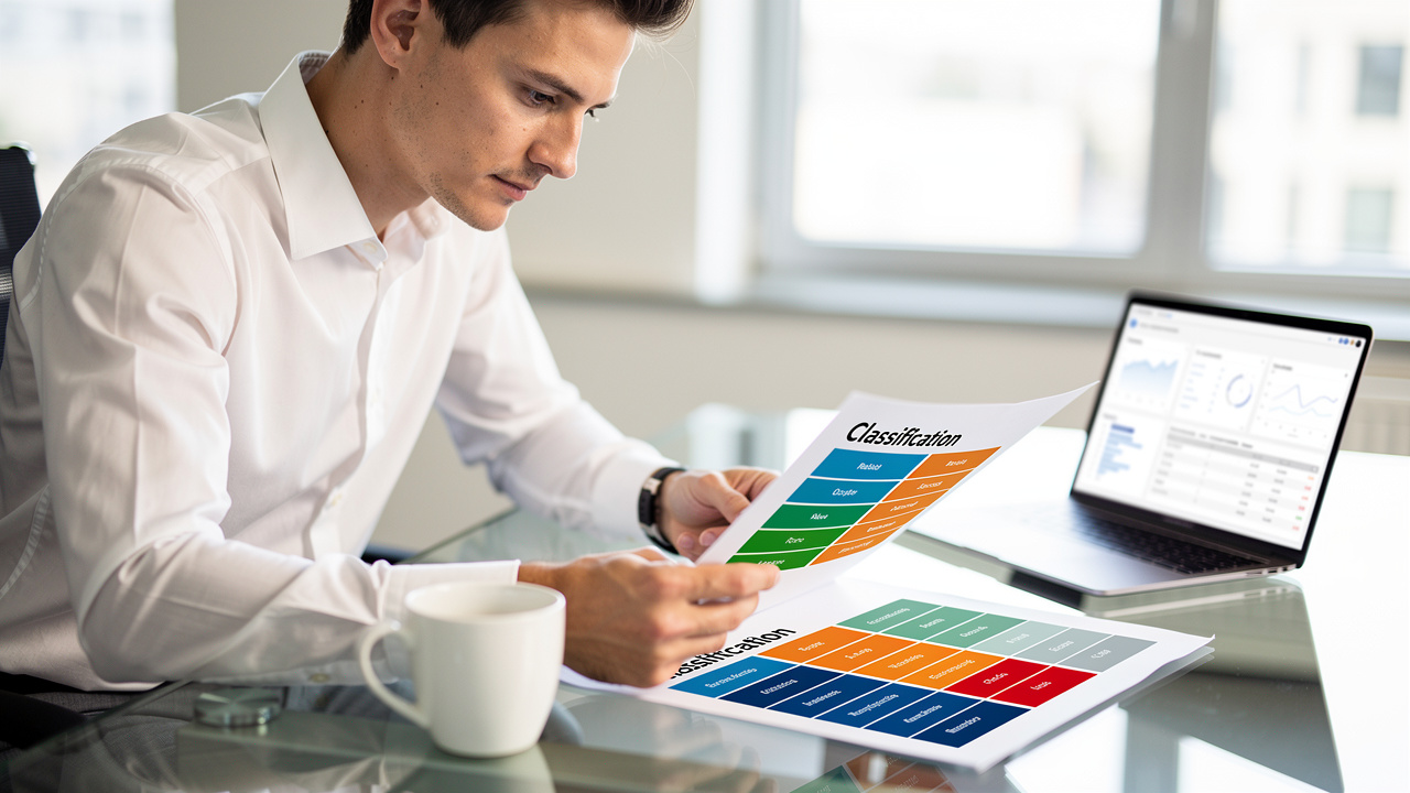 Business person reviewing trademark classification chart at desk