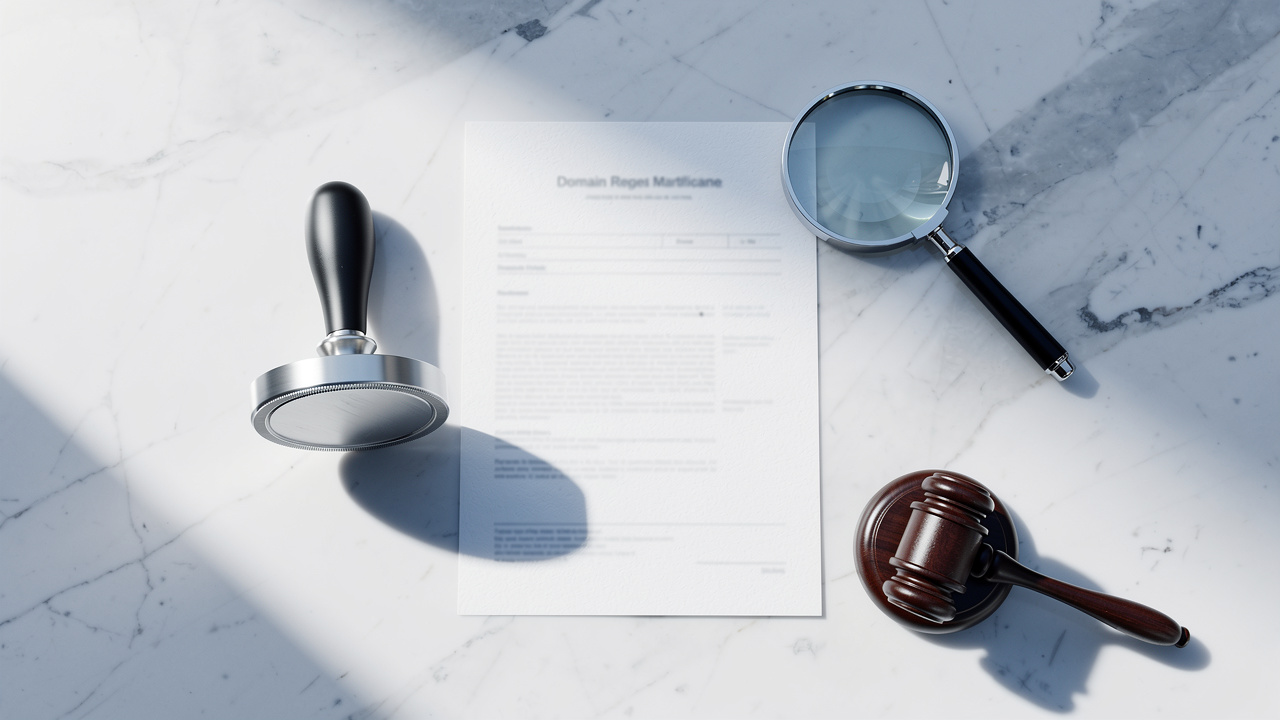 Trademark and domain name legal tools arranged on marble surface