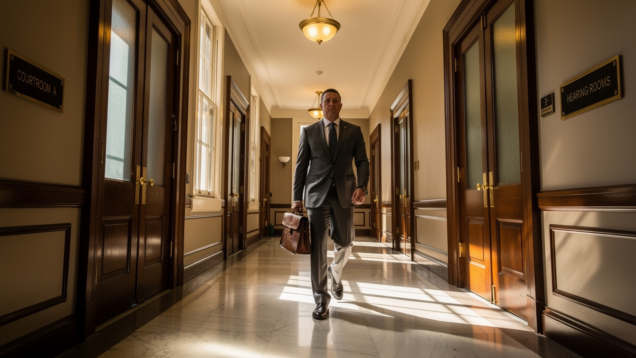 Trademark attorney walking toward hearing room in official government building