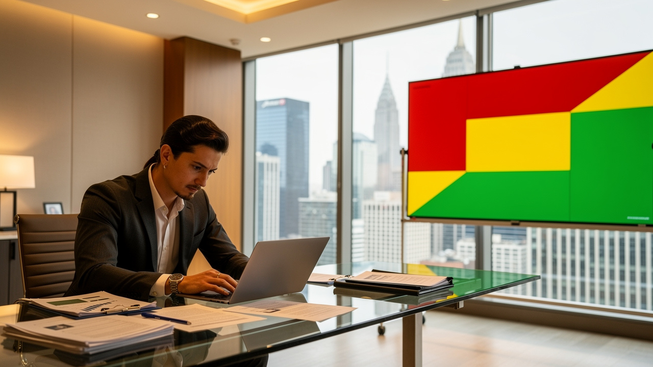 Trademark attorney analyzing international filing risks at modern desk