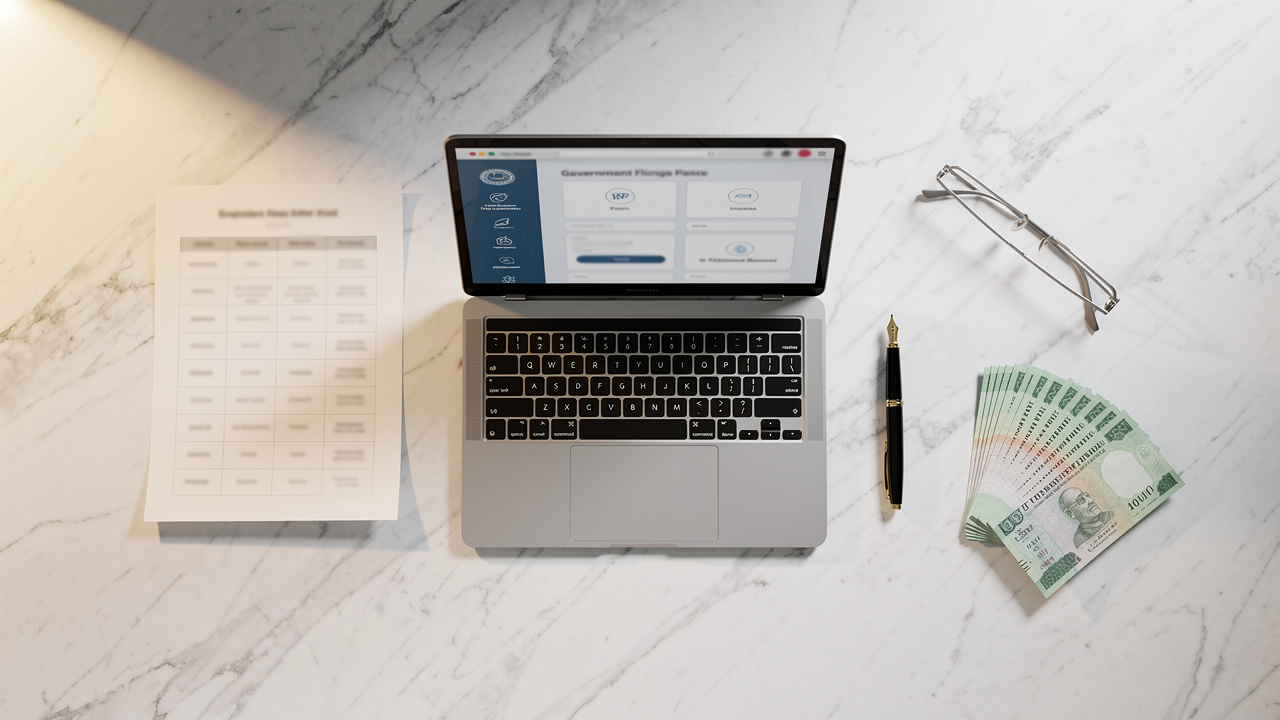 Laptop and rupee notes showing trademark government fee filing setup