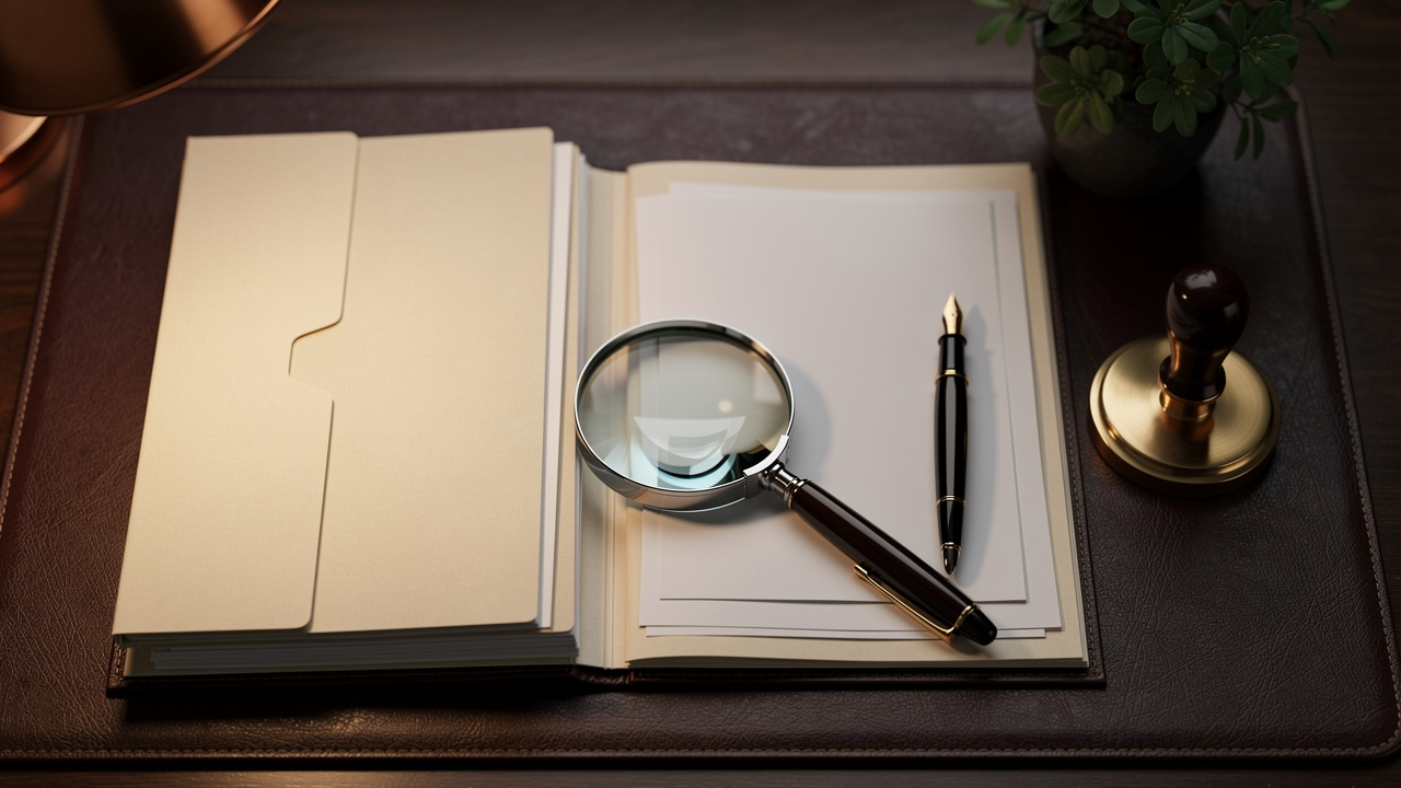 Legal documents and examination files organized on a desk