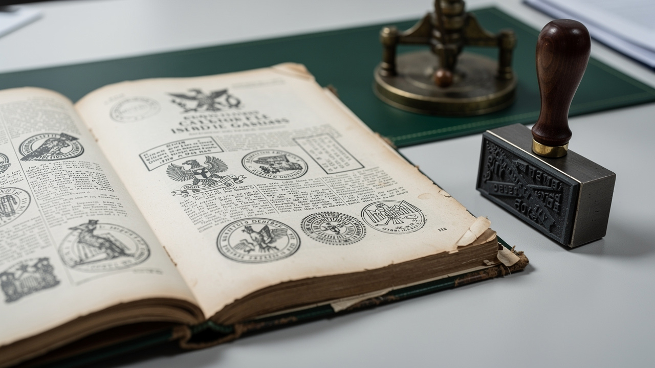 Official trademark journal open on desk with rubber stamp and seal