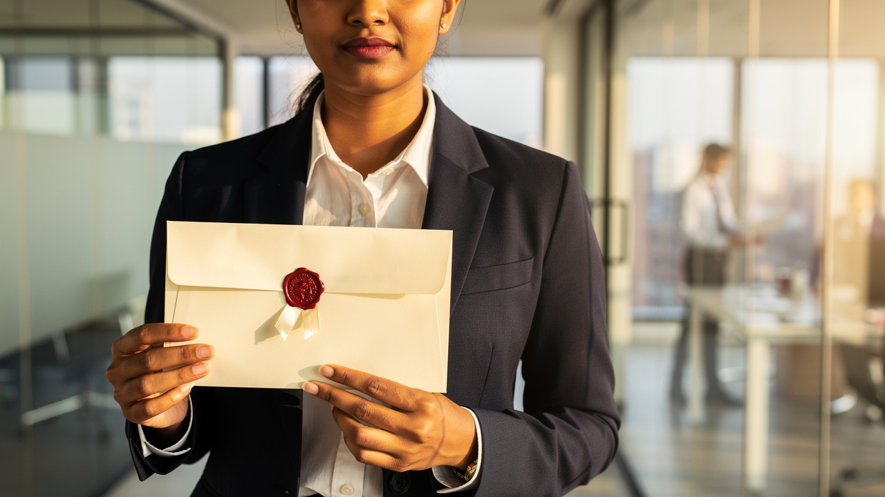 Business professional holding official Registrar trademark decision envelope