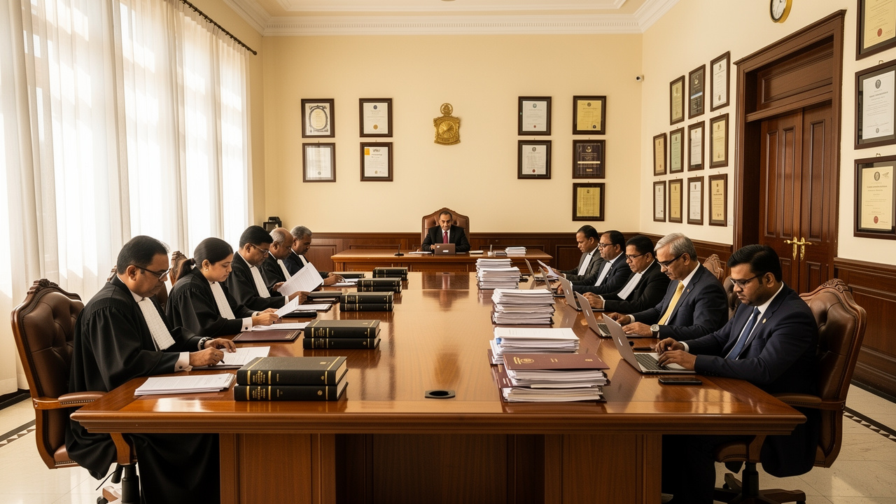 Trademark opposition hearing with legal professionals at tribunal table