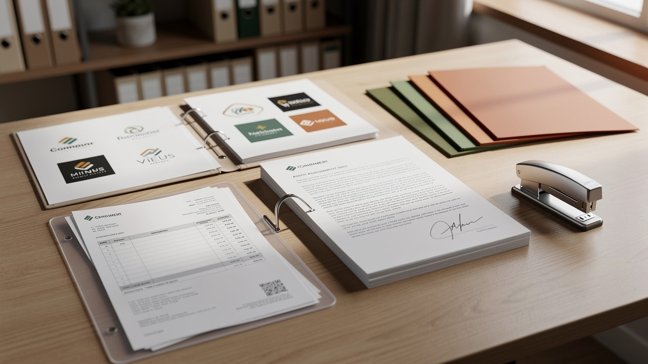 Organized trademark ownership documents and brand records on desk