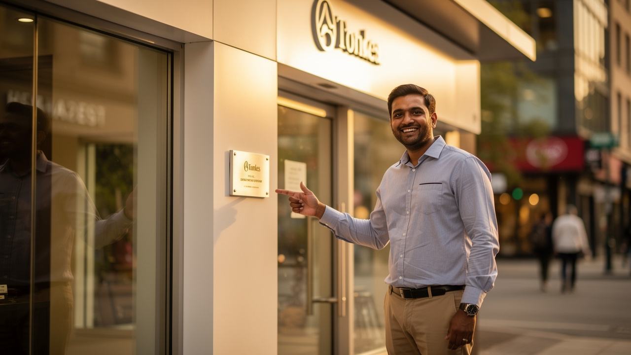 Indian business owner proudly displaying registered trademark outside storefront