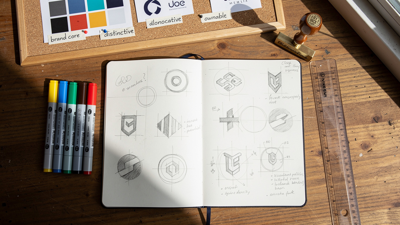 Designer sketching logo concepts and trademark symbols at wooden desk