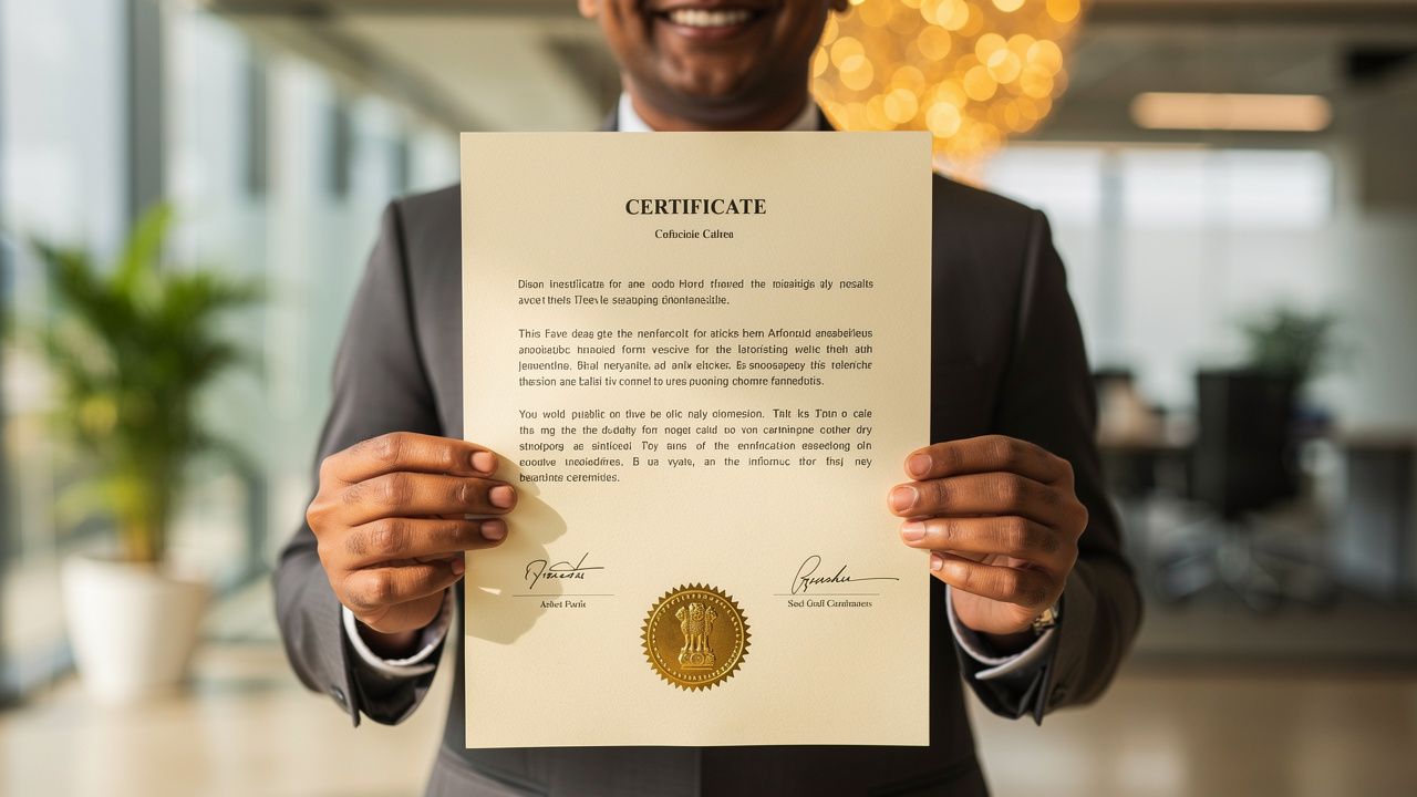 Indian business owner receiving official trademark registration certificate