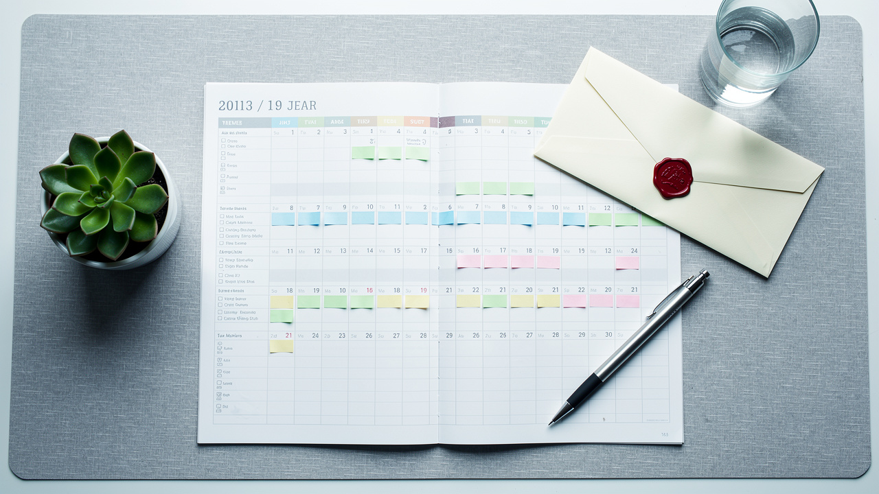 Ten-year trademark renewal planning workspace with calendar and documents