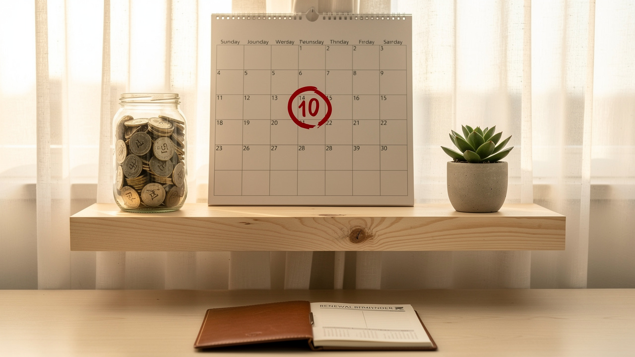 Calendar and coins representing ten-year trademark renewal planning in India
