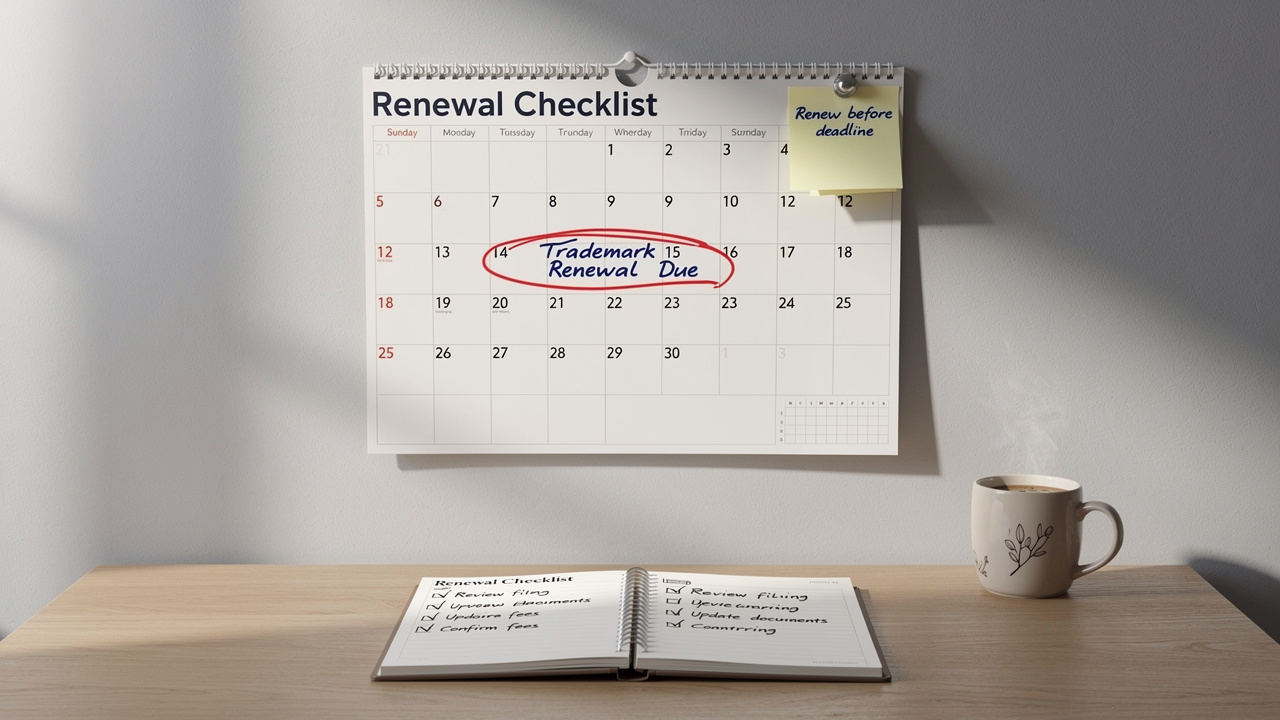 Office calendar with circled renewal date and open business planner