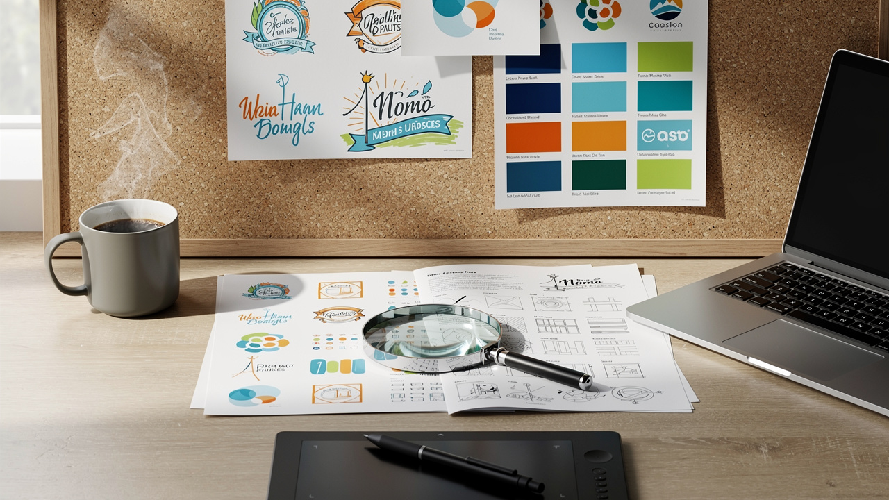Brand identity design sketches and logo drafts on a workspace