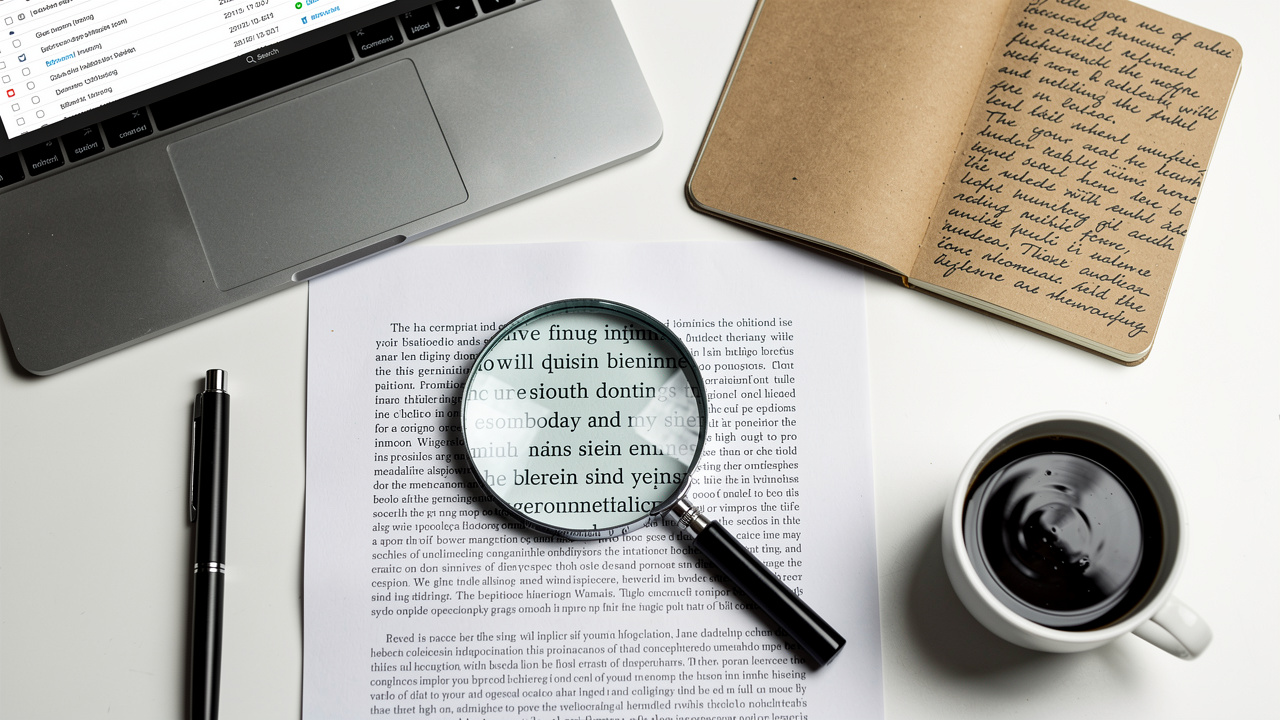 Magnifying glass over documents during trademark search process