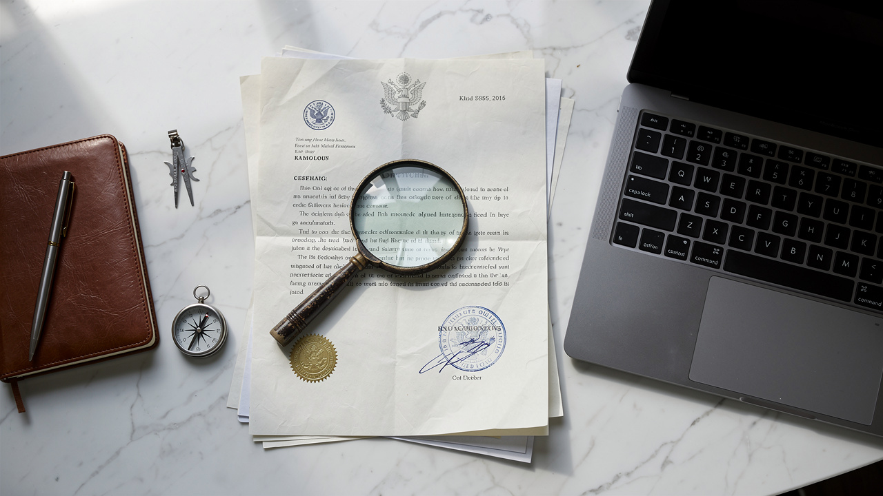 Magnifying glass over legal documents for trademark search process