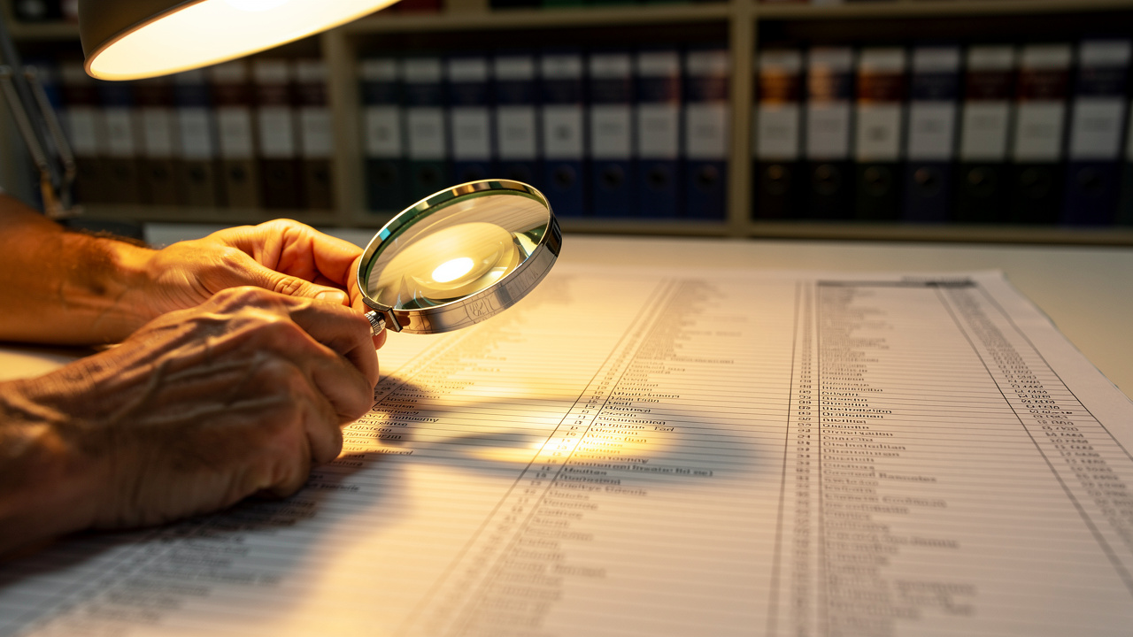 Person searching trademark registry with magnifying glass