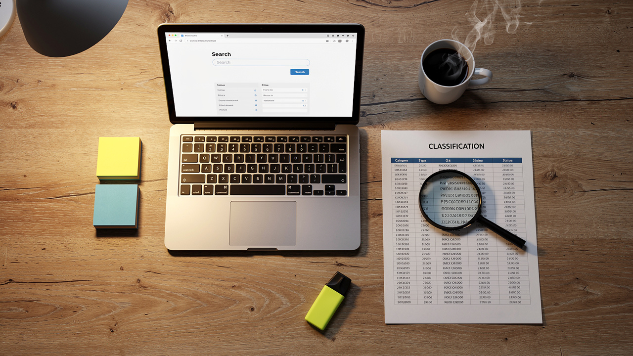 Organized desk with trademark search documents and classification guide