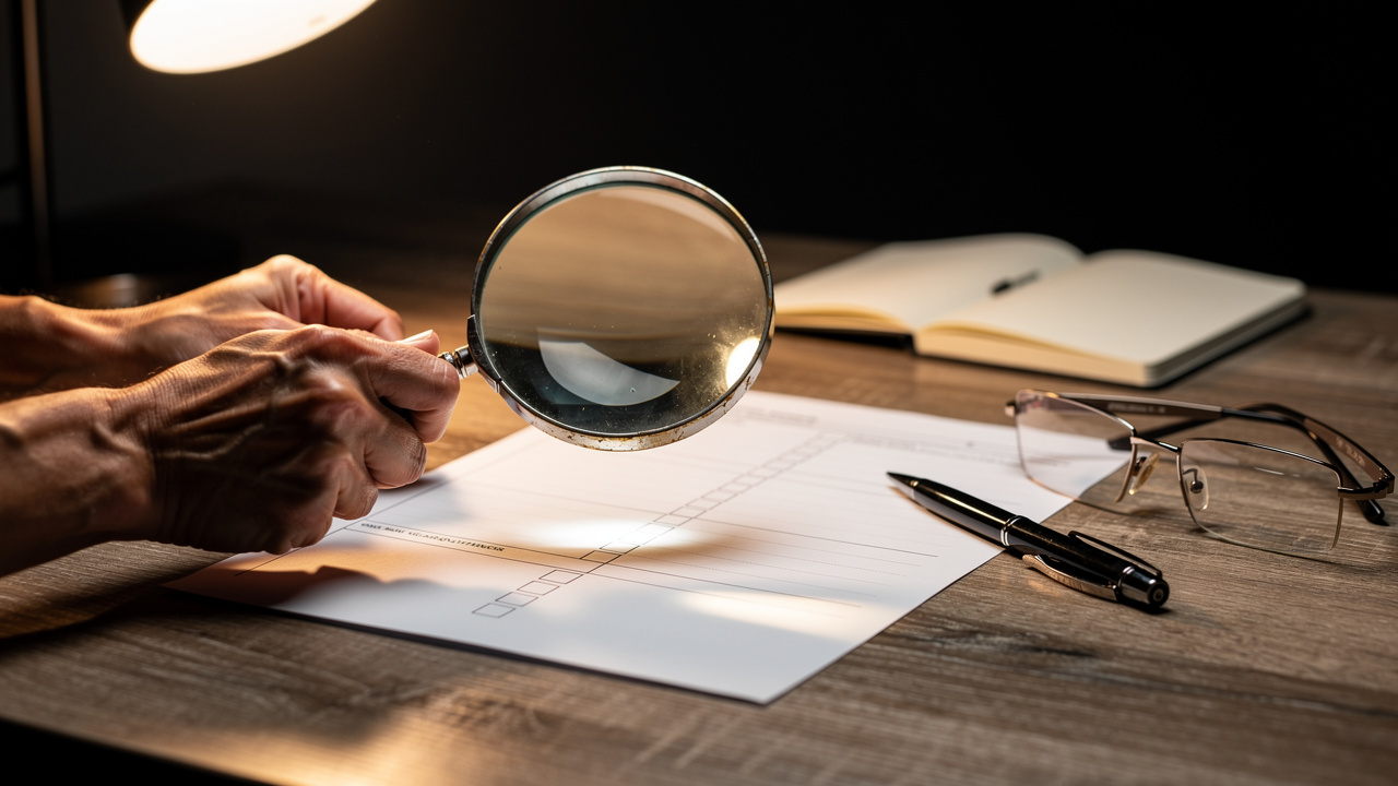Magnifying glass reviewing trademark status report documents