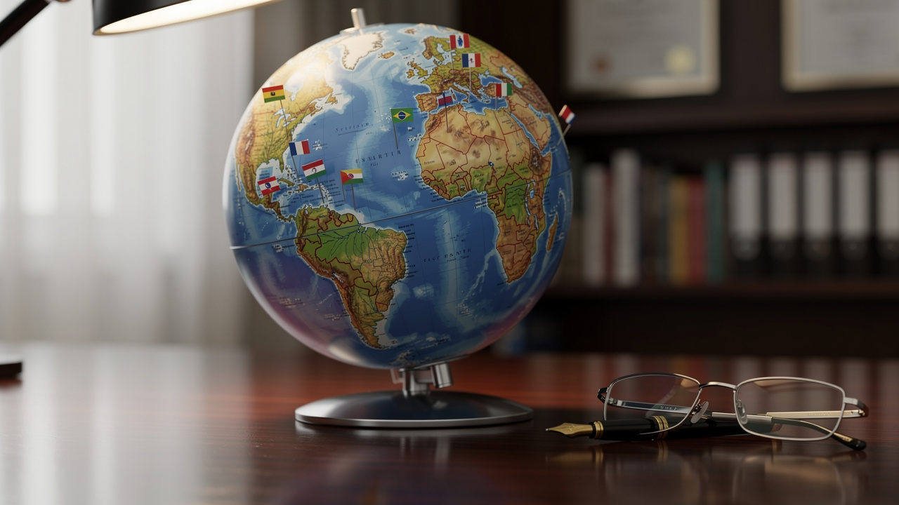 World globe with colored pins marking international trademark countries